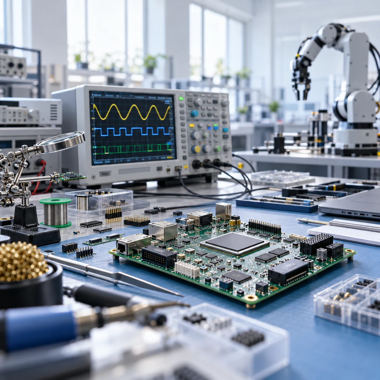 Laborator de electronică și automatizări, cu osciloscop, placă electronică și braț robotic